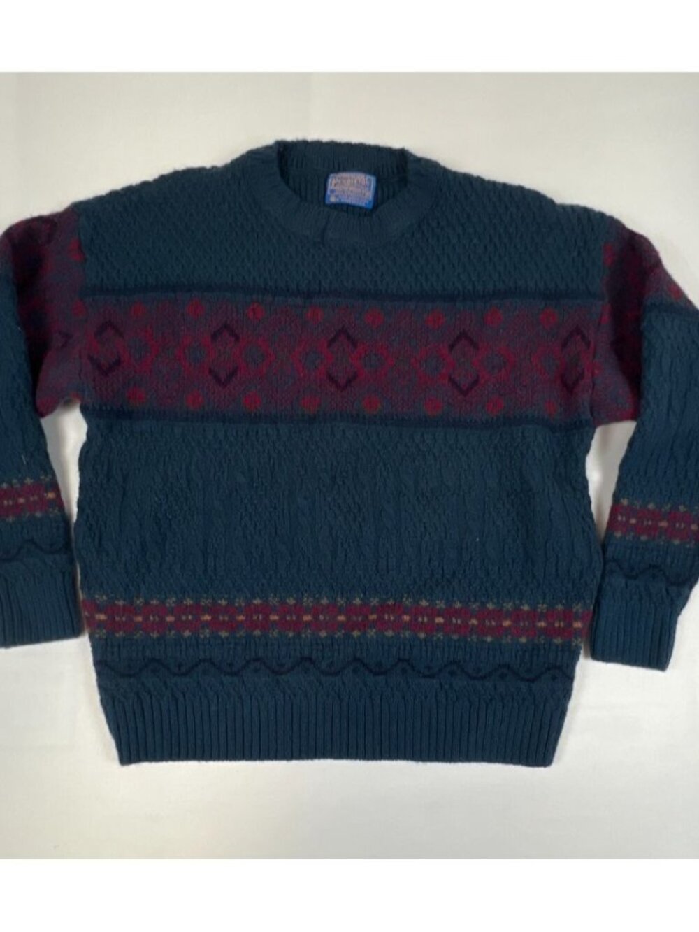Vintage Pendleton Men L Blue Wool Fair Isle Crewneck Sweater Made in USA